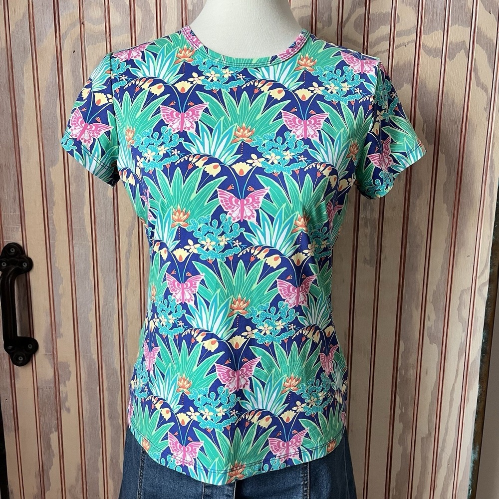 J McLaughlin Tropical Butterfly Print Navy Green Stretch Knit Coastal T-Shirt M